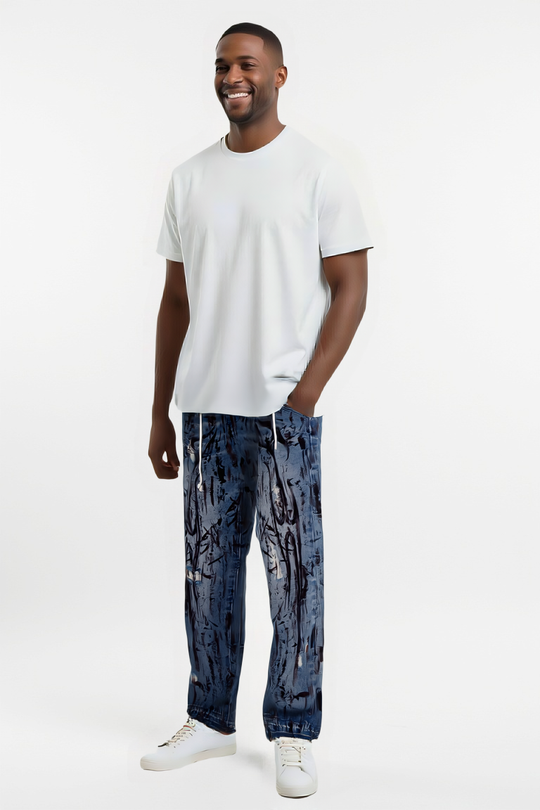 Dark Distressed Graffiti Print Straight-Leg Denim Jeans