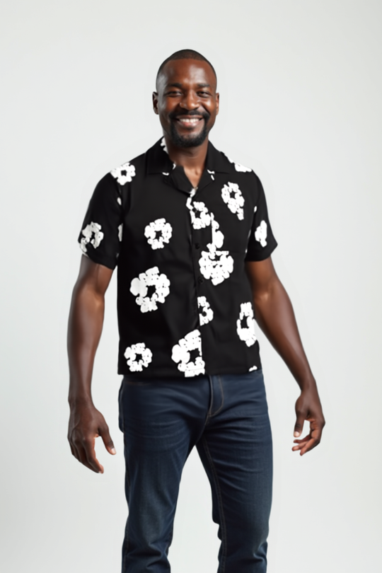 Men’s Black Floral Button-Up Shirt – Streetwear Camp Collar Shirt for  Men