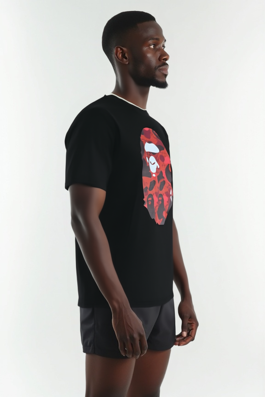 Black & Red Color Camo Big Ape Head T-shirt