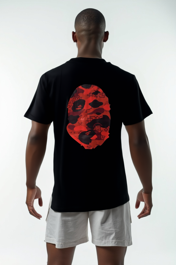 Black & Red Color Camo Big Ape Head T-shirt