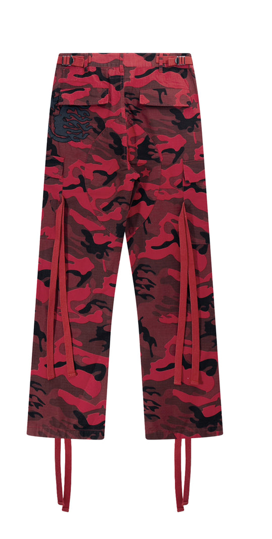 Red Camo Tactical Cargo Pants with Drawstring Hems