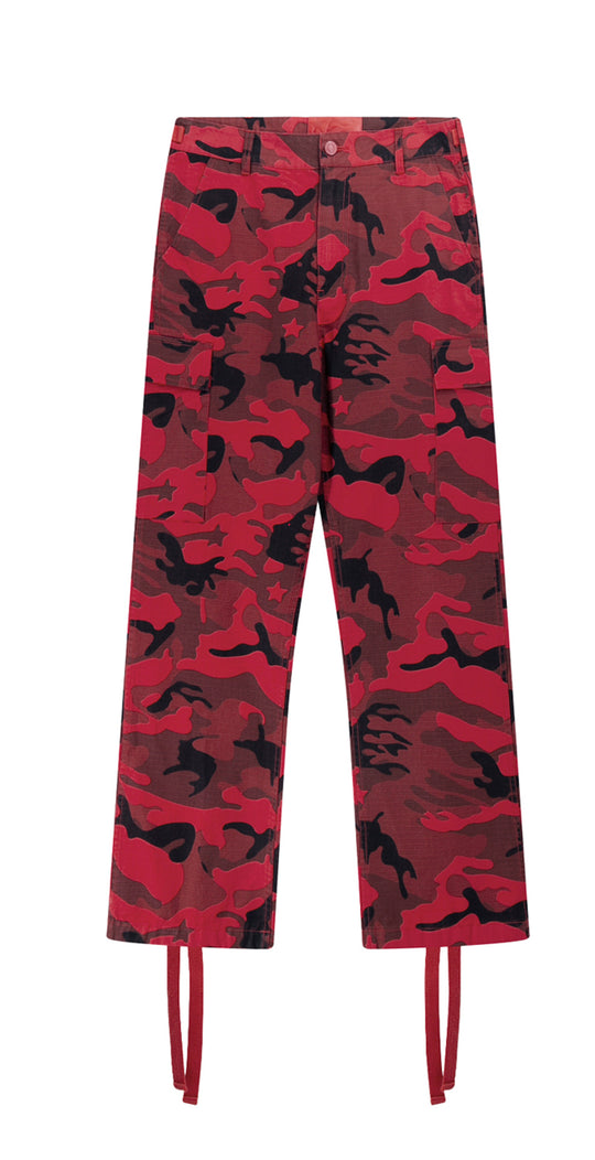 Red Camo Tactical Cargo Pants with Drawstring Hems