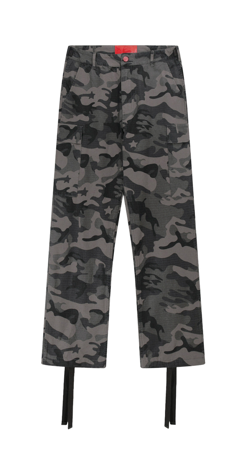 Black & Grey Camo Tactical Cargo Pants with Drawstring Hems