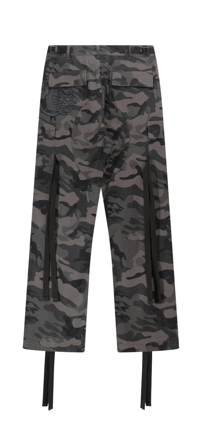 Black & Grey Camo Tactical Cargo Pants with Drawstring Hems