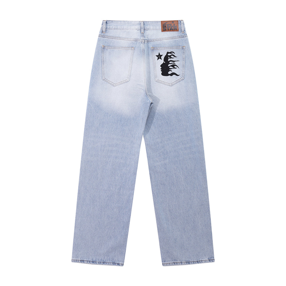 Light Wash Flame Graphic Straight-Leg Jeans