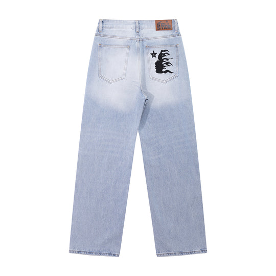 Light Wash Flame Graphic Straight-Leg Jeans