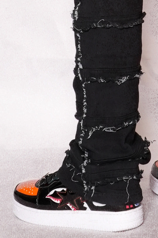 Statement Layered Distressed Jeans - Best Fitted Black Stack with Fringe Detail