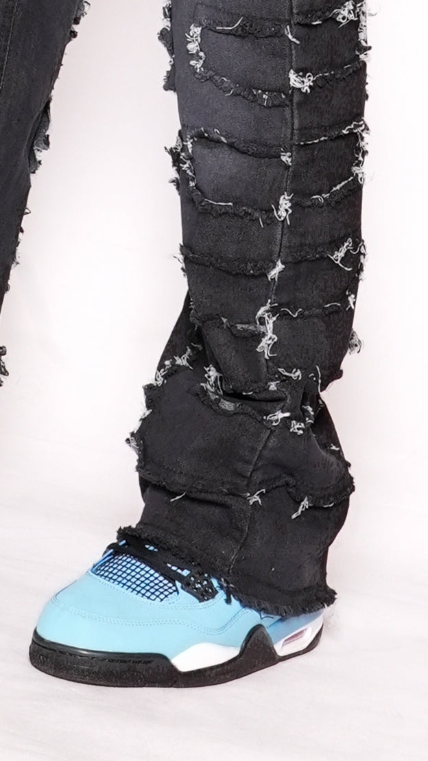 Rugged Urban Distressed Jeans - Best Fitted Black Stack with Fringe Cuts