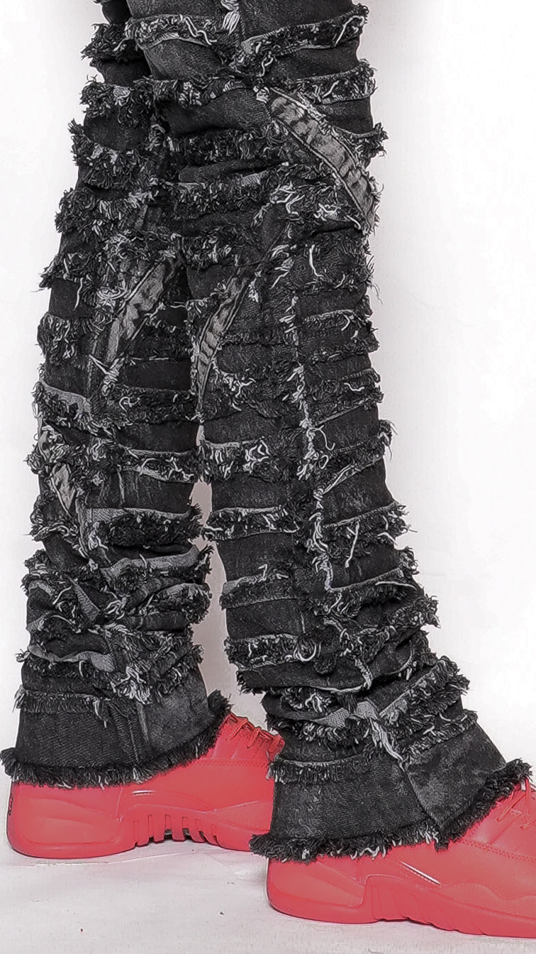 Extreme Ripped Stack Jeans - Best Fitted Black Fringe Layered Denim